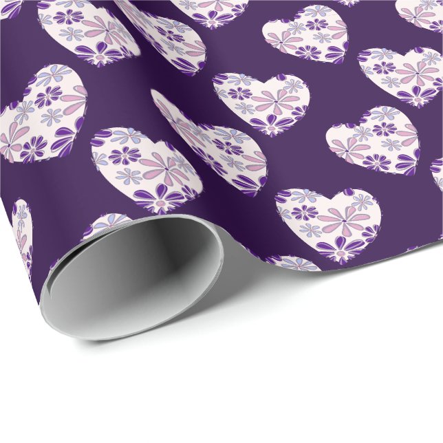 Chic Indigo Pink Blue Flower Patterned Hearts Wrapping Paper (Roll Corner)