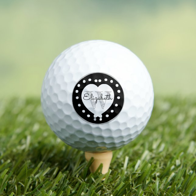 Chic Initial Letter Monogram Black White Heart Golf Balls (Insitu Tee)