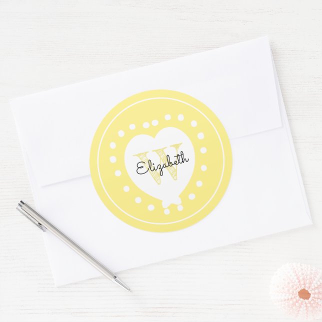 Chic Initial Letter Monogram Yellow White Heart Classic Round Sticker (Envelope)