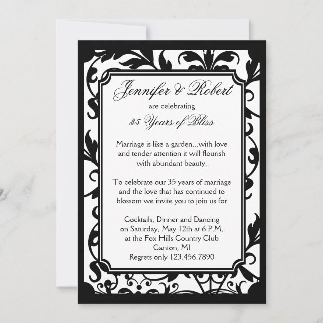 Chic invitation anniversaire noir et blanc damassé (Devant)