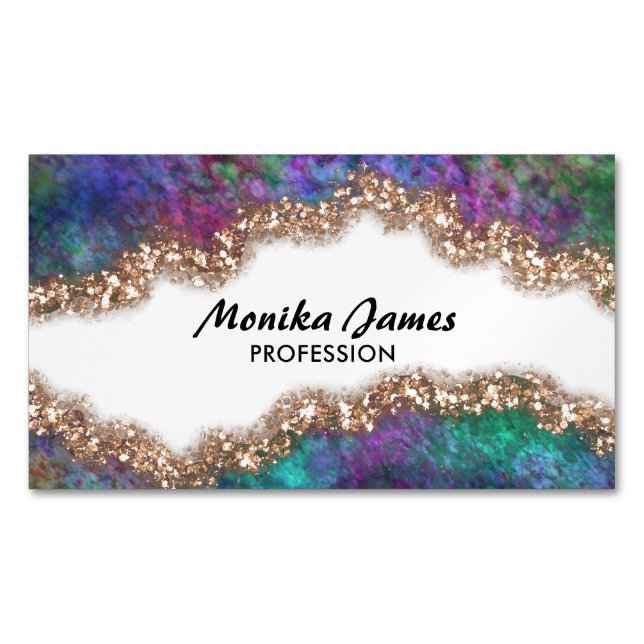 Chic Iridescent Blue Gold Faux Glitter Monogram Magnetic Business Card (Front)