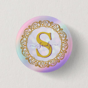 Chic Iridescent Initial With Gold Scrollwork 1 Inch Round Button