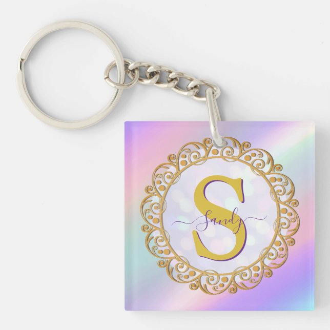 Chic Iridescent Initial With Gold Scrollwork Keychain (Front)