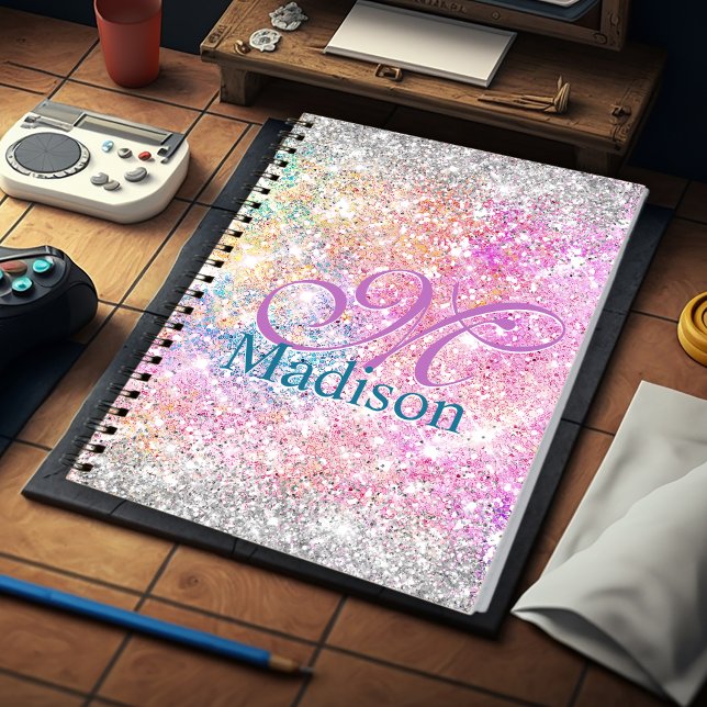 Chic iridescent pink silver faux glitter monogram notebook (Creator Uploaded)