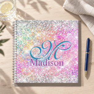 Chic iridescent pink silver faux glitter monogram notebook