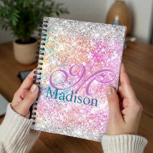 Chic iridescent pink silver faux glitter monogram notebook