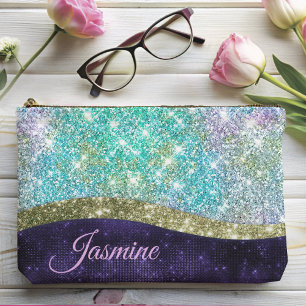 Chic iridescent purple blue faux glitter monogram accessory pouch