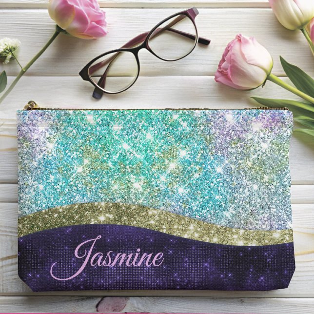 Chic iridescent purple blue faux glitter monogram accessory pouch (Creator Uploaded)