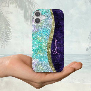 Chic iridescent purple blue faux glitter monogram iPhone 16 case