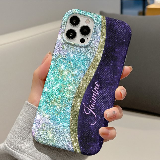 Chic iridescent purple blue faux glitter monogram Case-Mate iPhone case (Creator Uploaded)