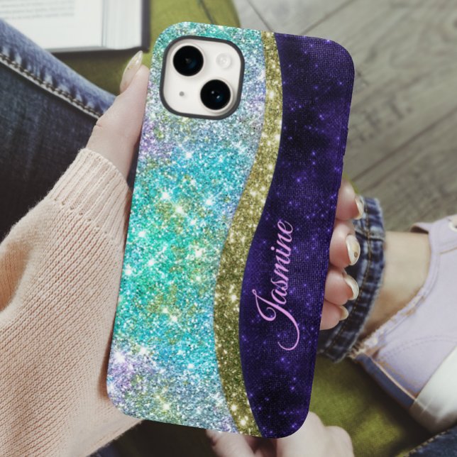 Chic iridescent purple blue faux glitter monogram Case-Mate iPhone case (Creator Uploaded)