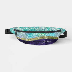 Chic iridescent purple blue faux glitter monogram fanny pack
