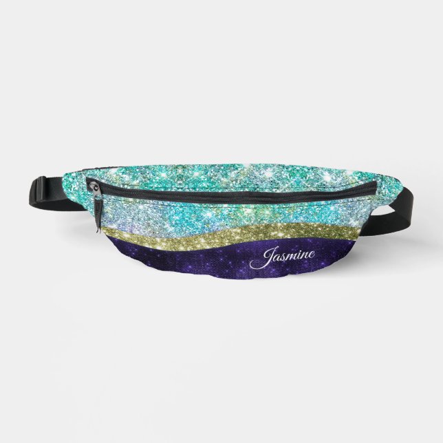Chic iridescent purple blue faux glitter monogram fanny pack (Front)