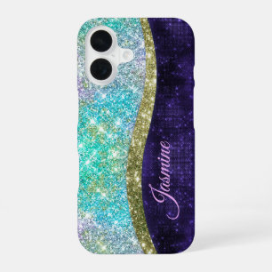 Chic iridescent purple blue faux glitter monogram iPhone 16 case