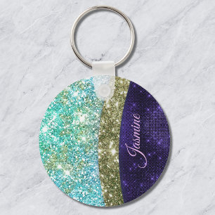 Chic iridescent purple blue faux glitter monogram keychain