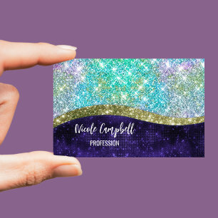Chic iridescent purple blue faux glitter monogram 	Magnetic business card