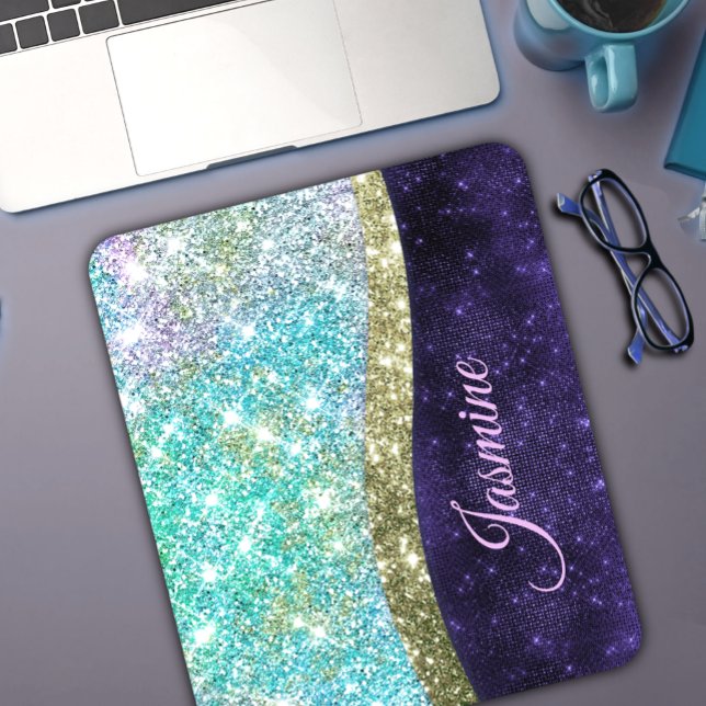 Chic iridescent purple blue faux glitter monogram mouse pad (Creator Uploaded)