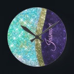 Chic iridescent purple blue faux glitter monogram round clock<br><div class="desc">Easily personalize this trendy, chic bling Luxury Wall Clock design featuring elegant girly silver and iridescent faux glitter in unicorn, rainbow, teal, aqua, purple blue colours design. This makes the perfect sweet 16 birthday, wedding, bridal shower, anniversary, baby shower or bachelorette party gift for someone that loves glam luxury and...</div>