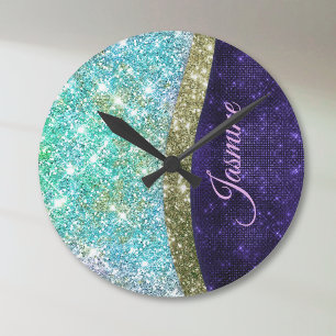 Chic iridescent purple blue faux glitter monogram round clock