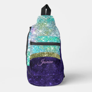 Chic iridescent purple blue faux glitter monogram sling bag