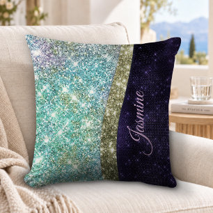 Chic iridescent purple blue faux glitter monogram throw pillow