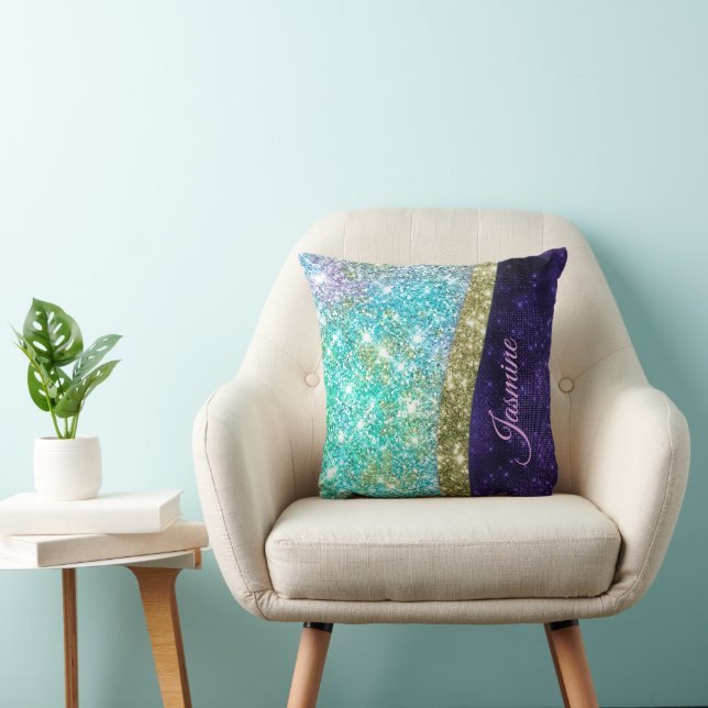 Chic iridescent purple blue faux glitter monogram throw pillow (Chair)