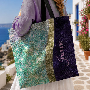 Chic iridescent purple blue faux glitter monogram tote bag