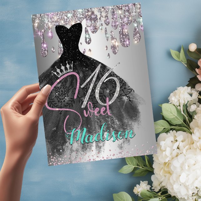 Chic iridescent silver glitter drips sweet 16 invitation (Creator Uploaded)