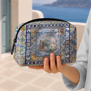 Chic Italian Blue Tile Floral Citrus Monogram Dopp Kit