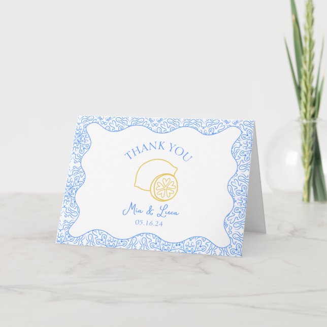 Chic Italian Lemon Blue Tiles Personalized Wedding Thank You Card (Front)