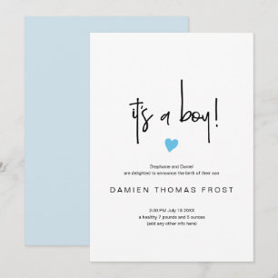 Chic It's A Boy Birth Announcement Tiny Blue Heart