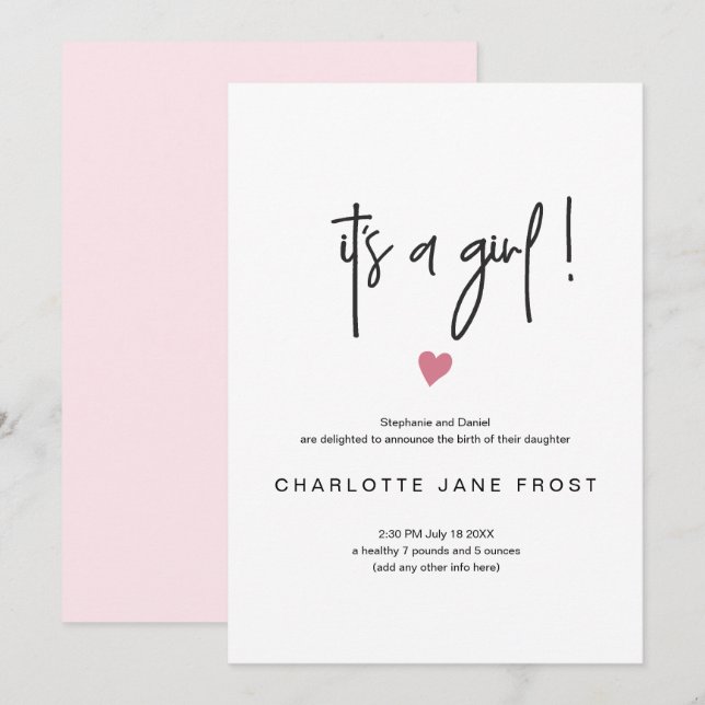 Chic Its A Girl Birth Announcement Tiny Pink Heart (Front/Back)