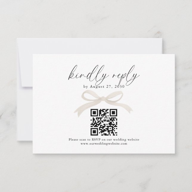 Chic ivoire Beige Bow ruban QR Code Mariage Rsvp (Devant)