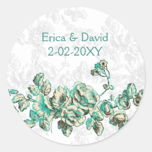 Chic Ivory and Teal Vintage Floral Wedding Classic Round Sticker