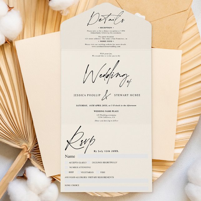 Chic ivory elegant script modern wedding all in one invitation (Creator Uploaded)