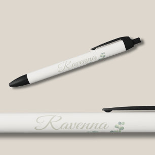 Chic Ivory Eucalyptus Sage Personalized Name Black Ink Pen