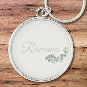 Chic Ivory Eucalyptus Sage Personalized Name Keychain
