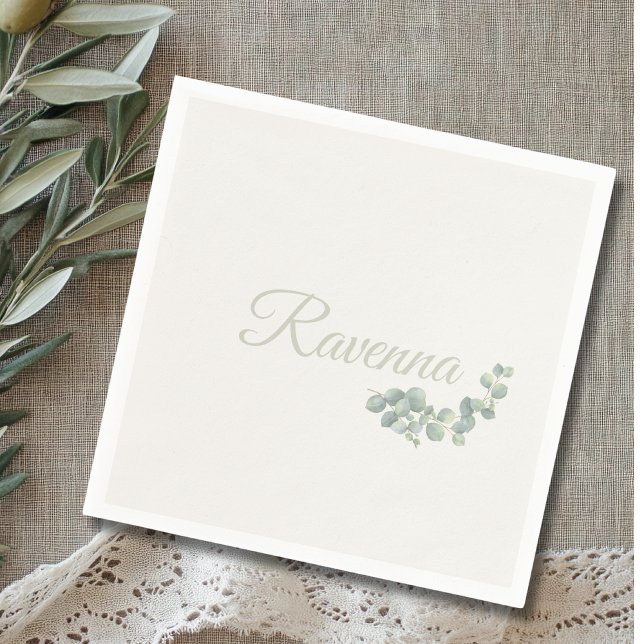 Chic Ivory Eucalyptus Sage Personalized Name Napkin (Creator Uploaded)