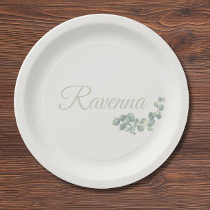 Chic Ivory Eucalyptus Sage Personalized Name Paper Plate