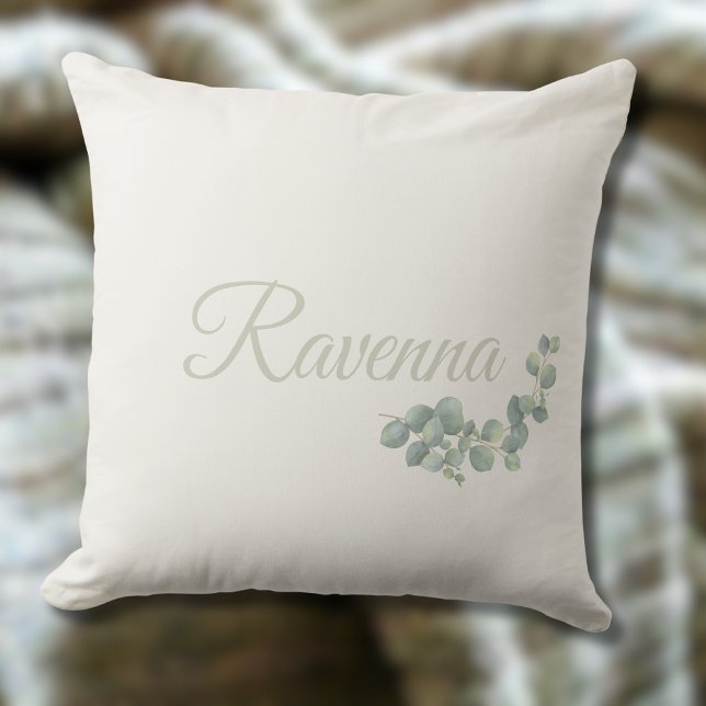 Chic Ivory Eucalyptus Sage Personalized Name Throw Pillow (Creator Uploaded)