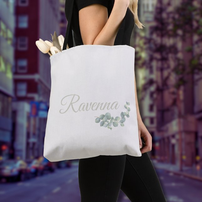 Chic Ivory Eucalyptus Sage Personalized Name Tote Bag (Creator Uploaded)