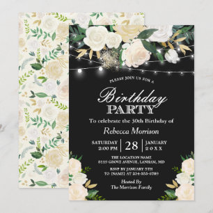 Chic Ivory Floral String Lights Birthday Party Invitation