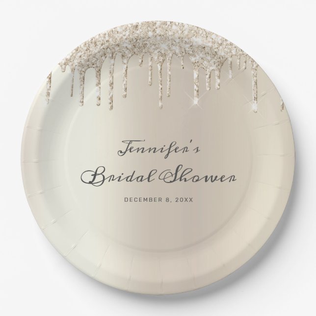Chic Ivory Glitter Drips Script Bridal Shower Paper Plate (Front)