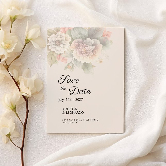 Chic Ivory pink blue summer floral Save the Date  Invitation (Chic Ivory pink blue summer floral Save the Date)