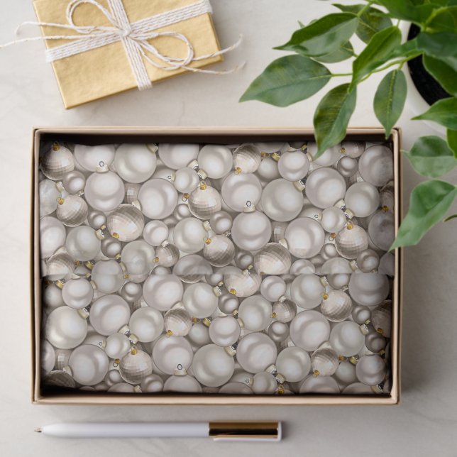 Chic Ivory Silver Gold Baubles Ornaments Pattern Tissue Paper (Gift)