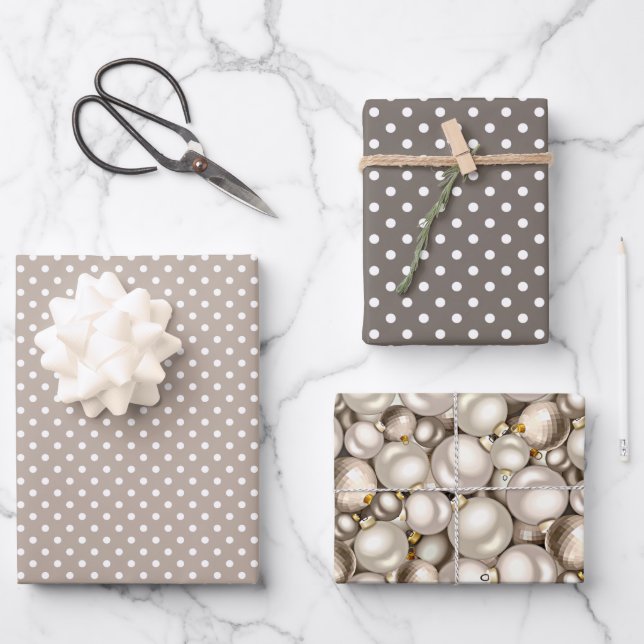 Chic Ivory Silver Gold Baubles Ornaments Pattern Wrapping Paper Sheet (Front)