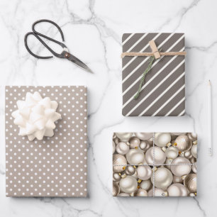 Chic Ivory Silver Gold Baubles Ornaments Pattern Wrapping Paper Sheet