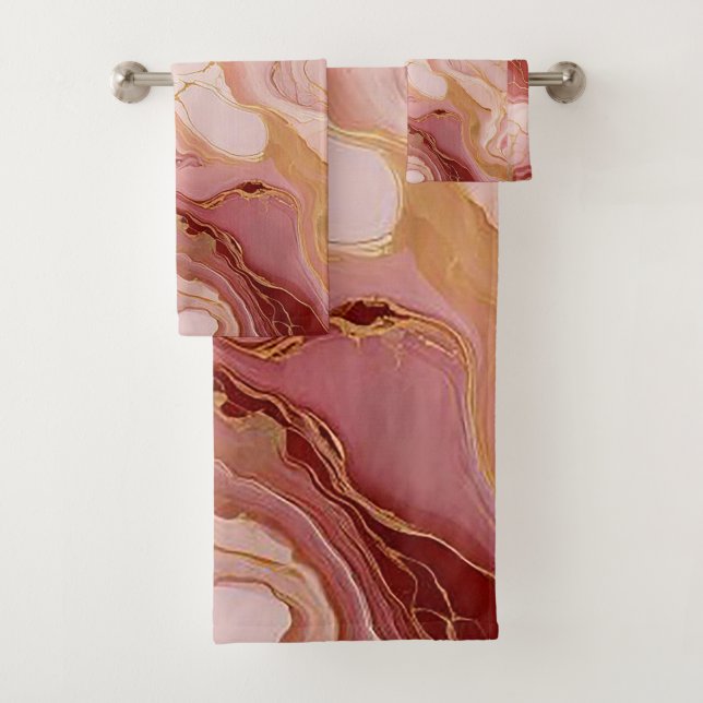 Chic Ivory, Terracotta, and Gold Marbleized  Bath Towel Set (Insitu)