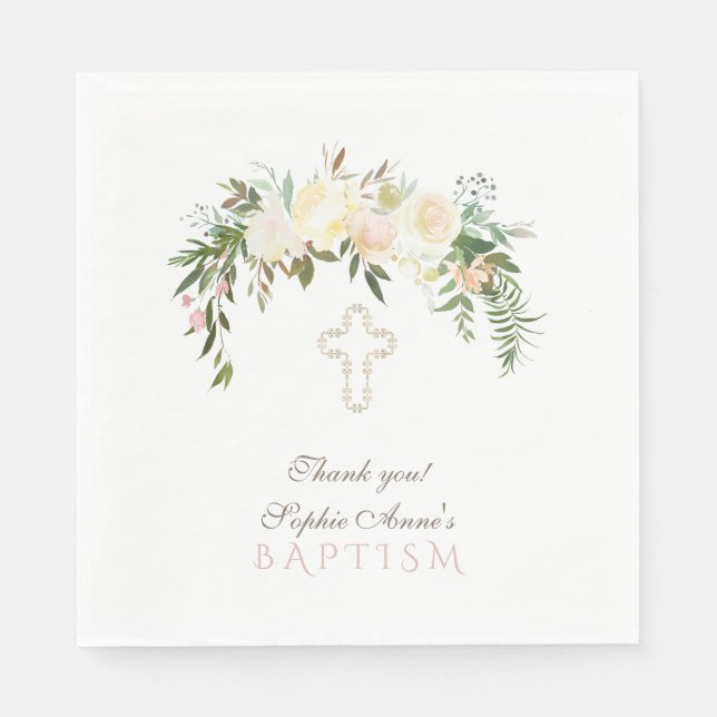 Chic Ivory Watercolour Floral Baptism Napkin (Front)