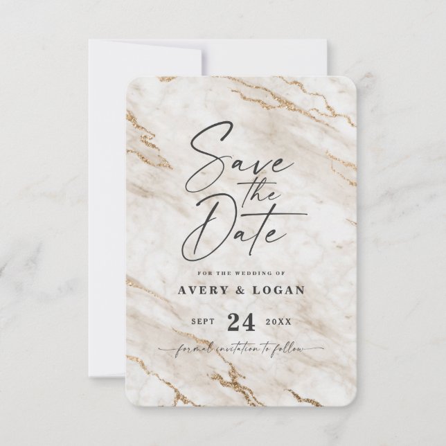 Chic Ivory White Marble with Yellow Gold Glitter Save The Date (Front)